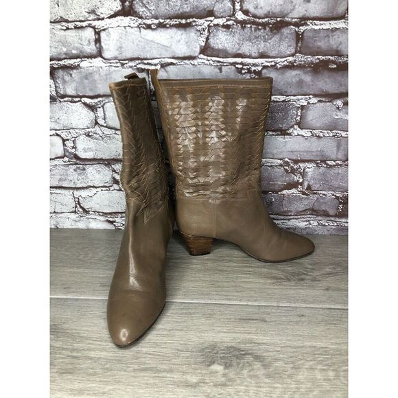 Frye Vintage Taupe Leather Woven Weaves Heel Western Boots Women Sz 35.5EU/5M US - Picture 2 of 16